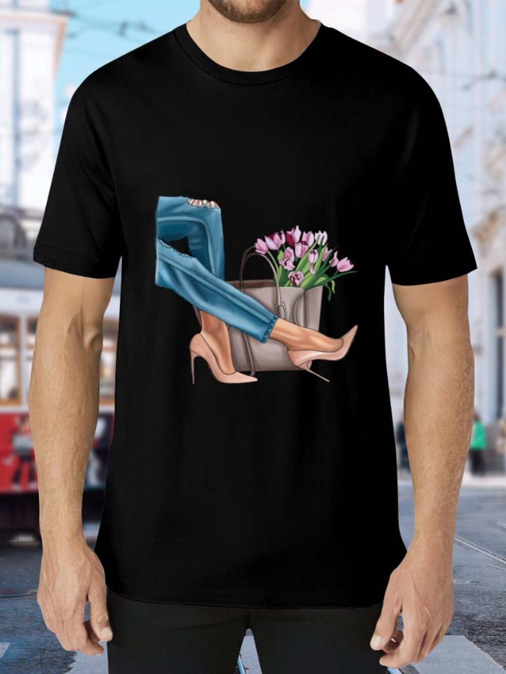 Black Graphic Short Sleeve Tee with Floral & Heels Print